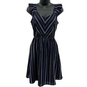 Monteau Mini Dress Womens S Dark Blue White Striped A-Line Flutter Sleeve Lined